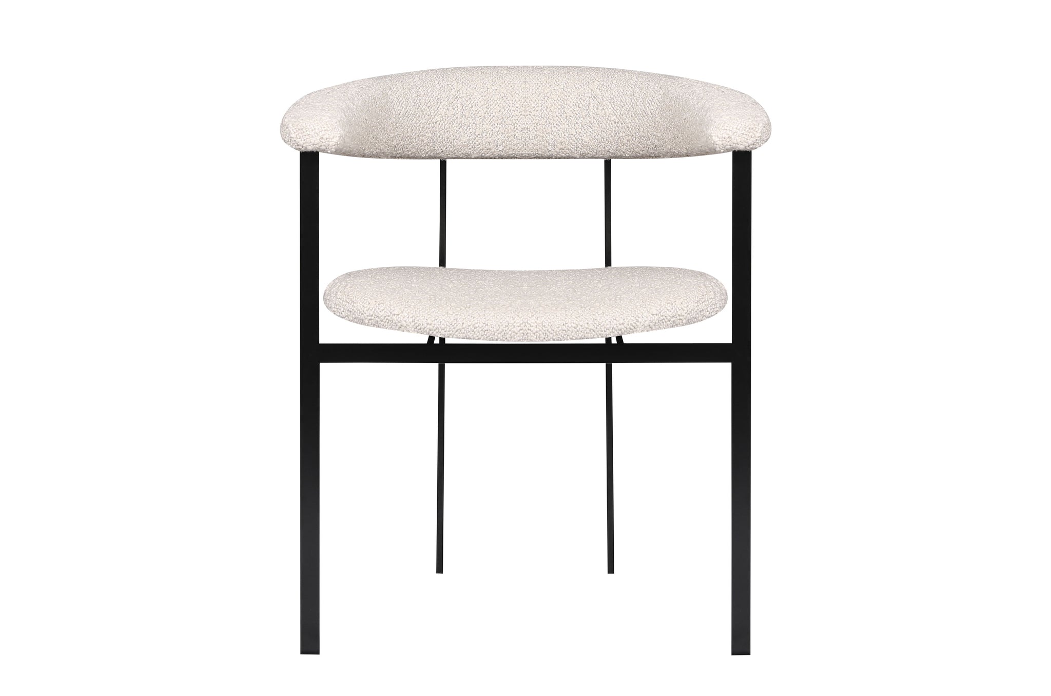 Moderne beige bouclé eetkamerstoel met zwart metalen onderstel