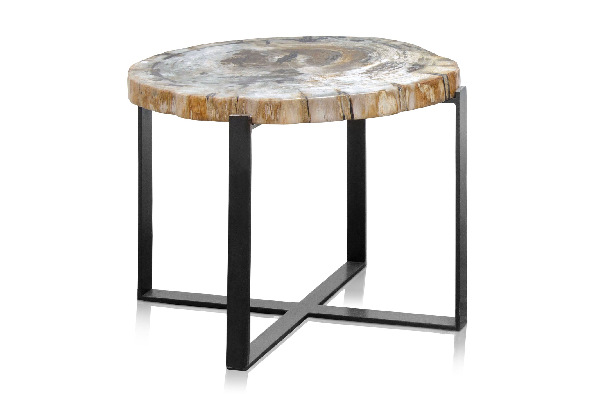 Bijzettafel met uniek blad van versteend hout op zwart metalen frame