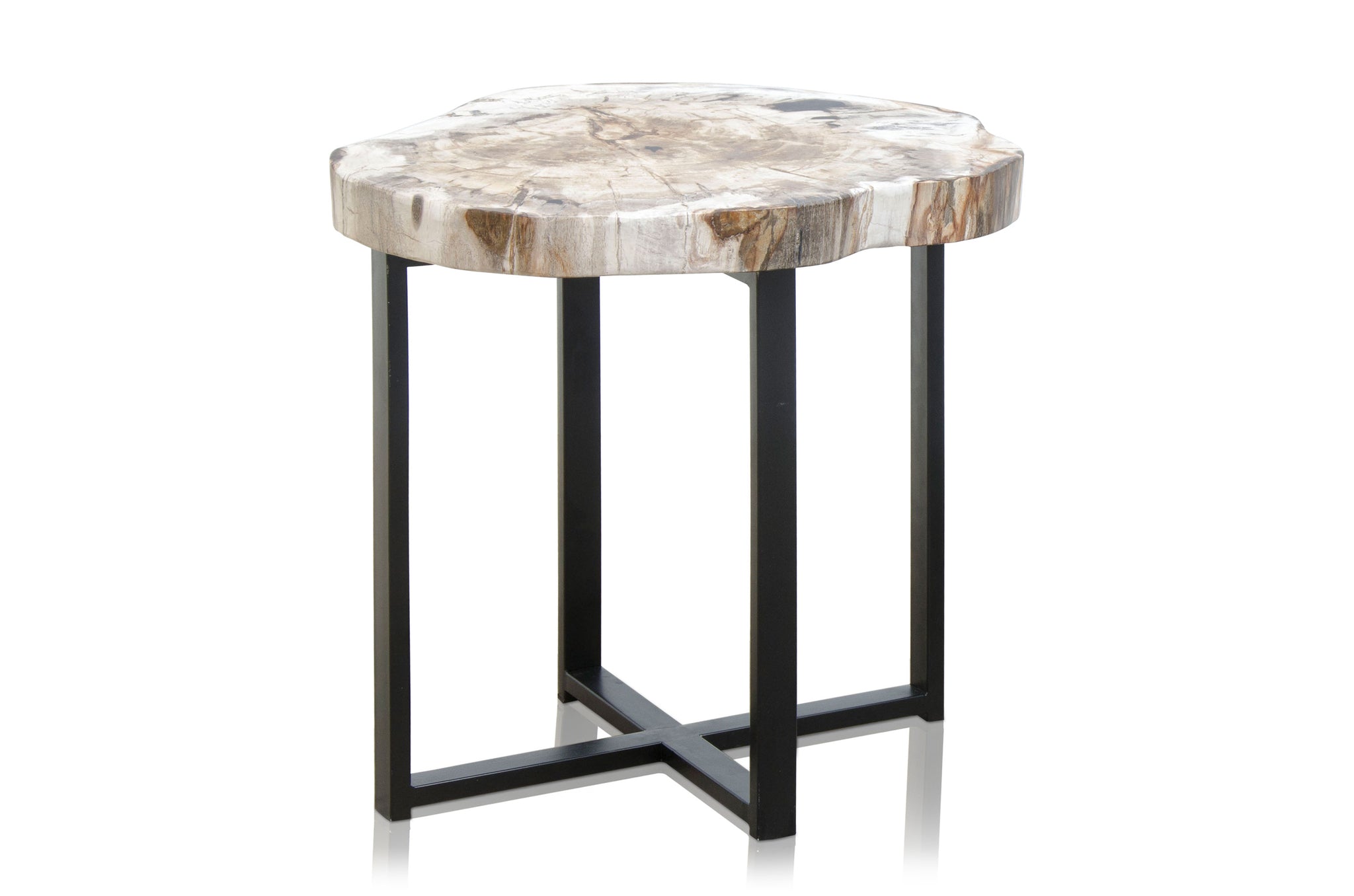 Bijzettafel met uniek blad van versteend hout op zwart metalen frame