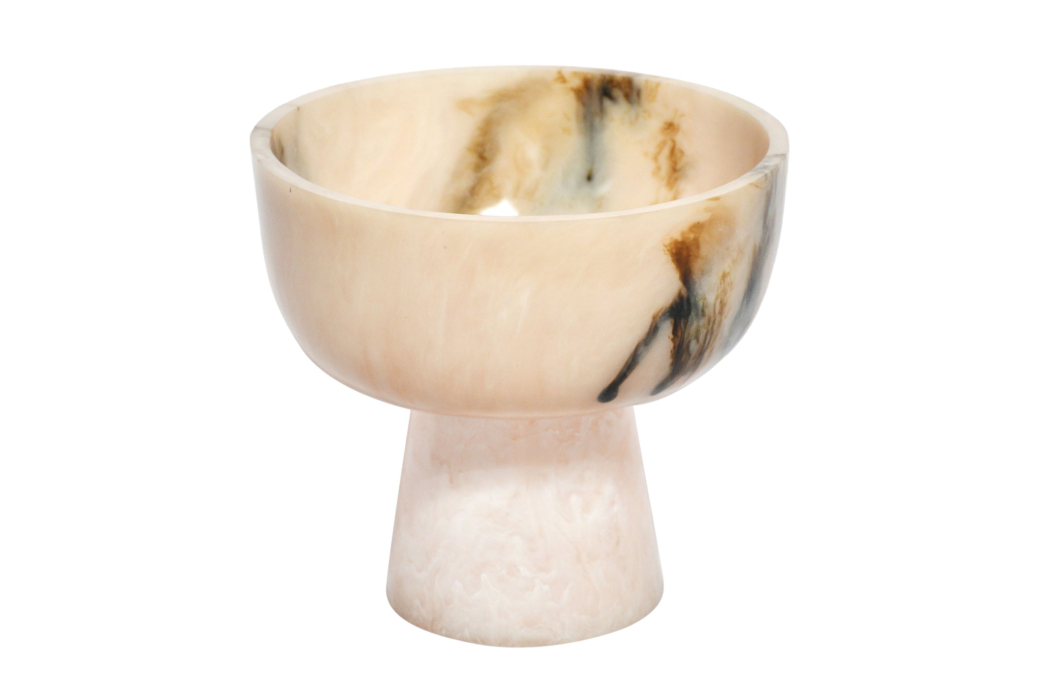 Crème-zwarte resin bowl op voet met unieke kleurvariaties
