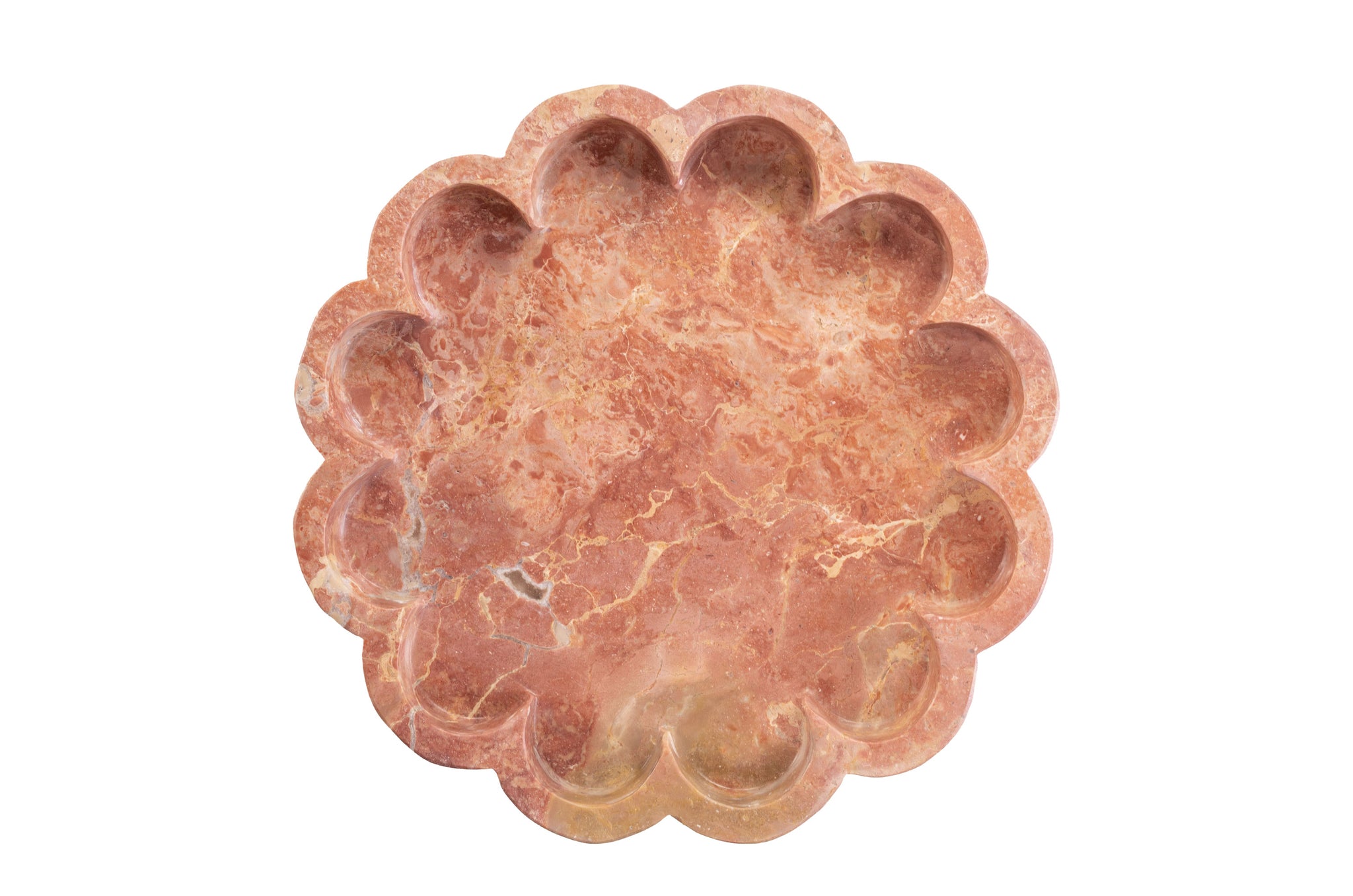 Rond plateau van roze Kalipare-marmer met golvende rand.