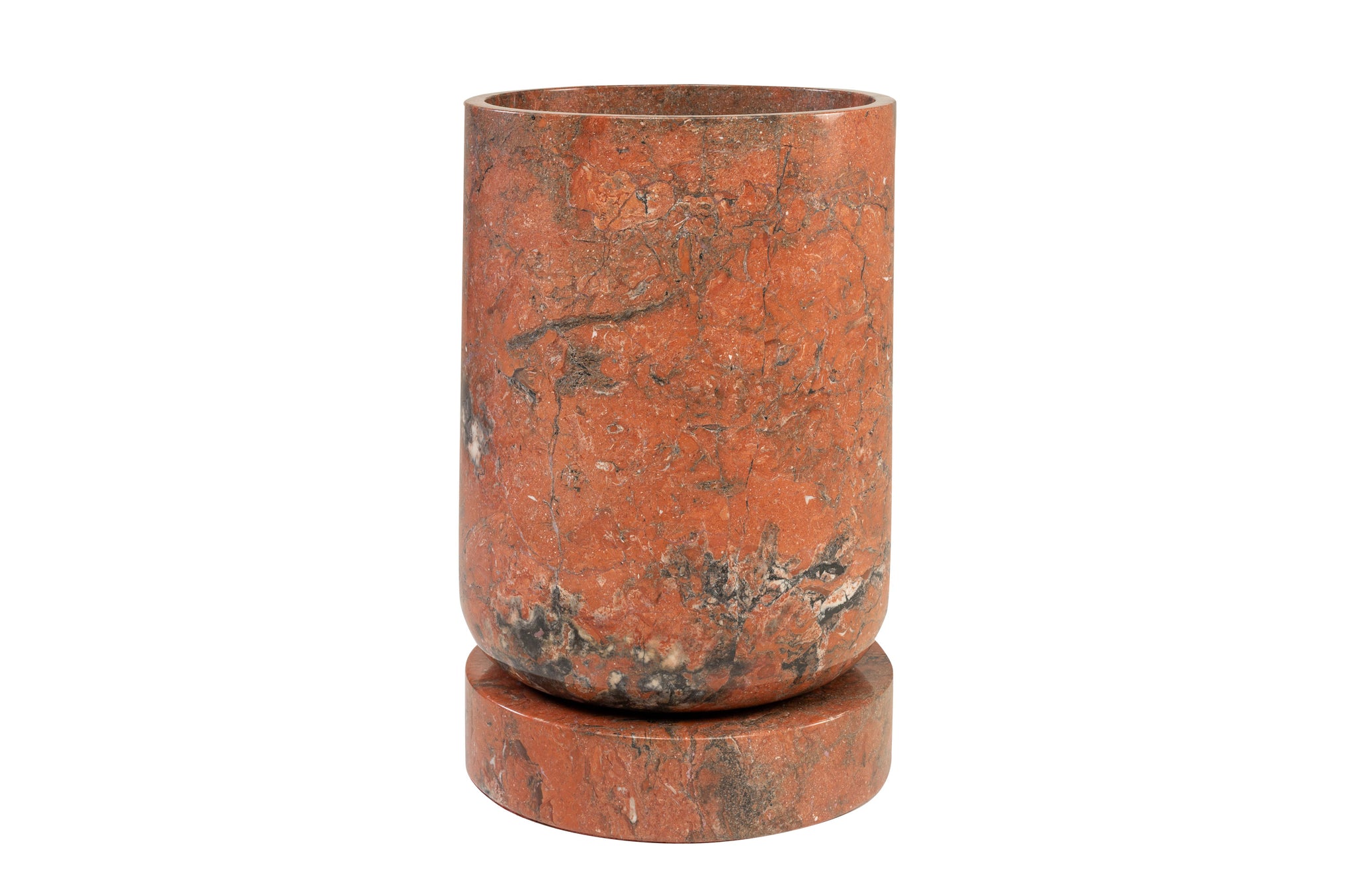 Ronde Java Rosso marmeren plantenpot met bijpassende voet en satin polish.