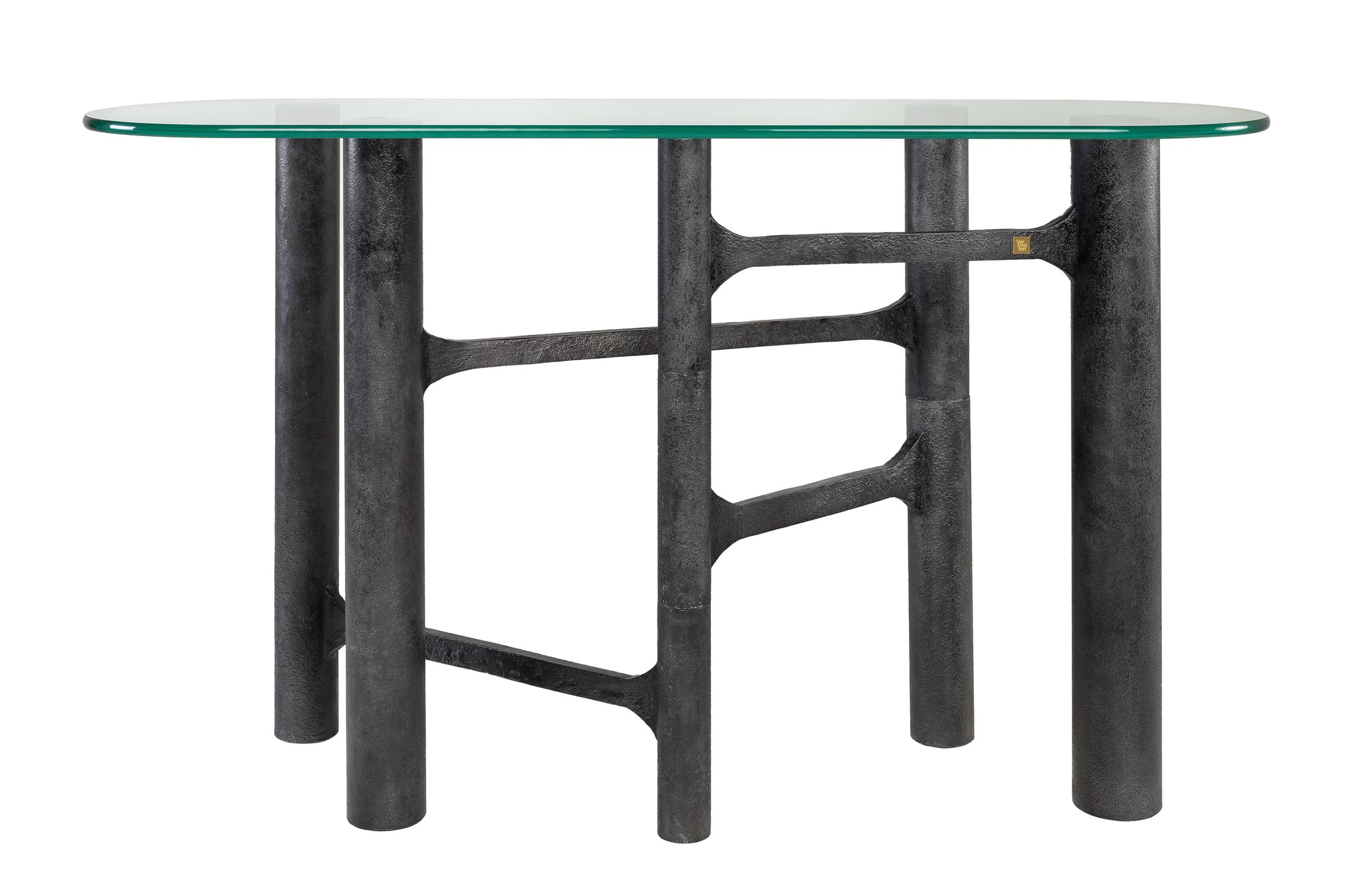 Moderne glazen consoletafel met sculpturaal zwart onderstel