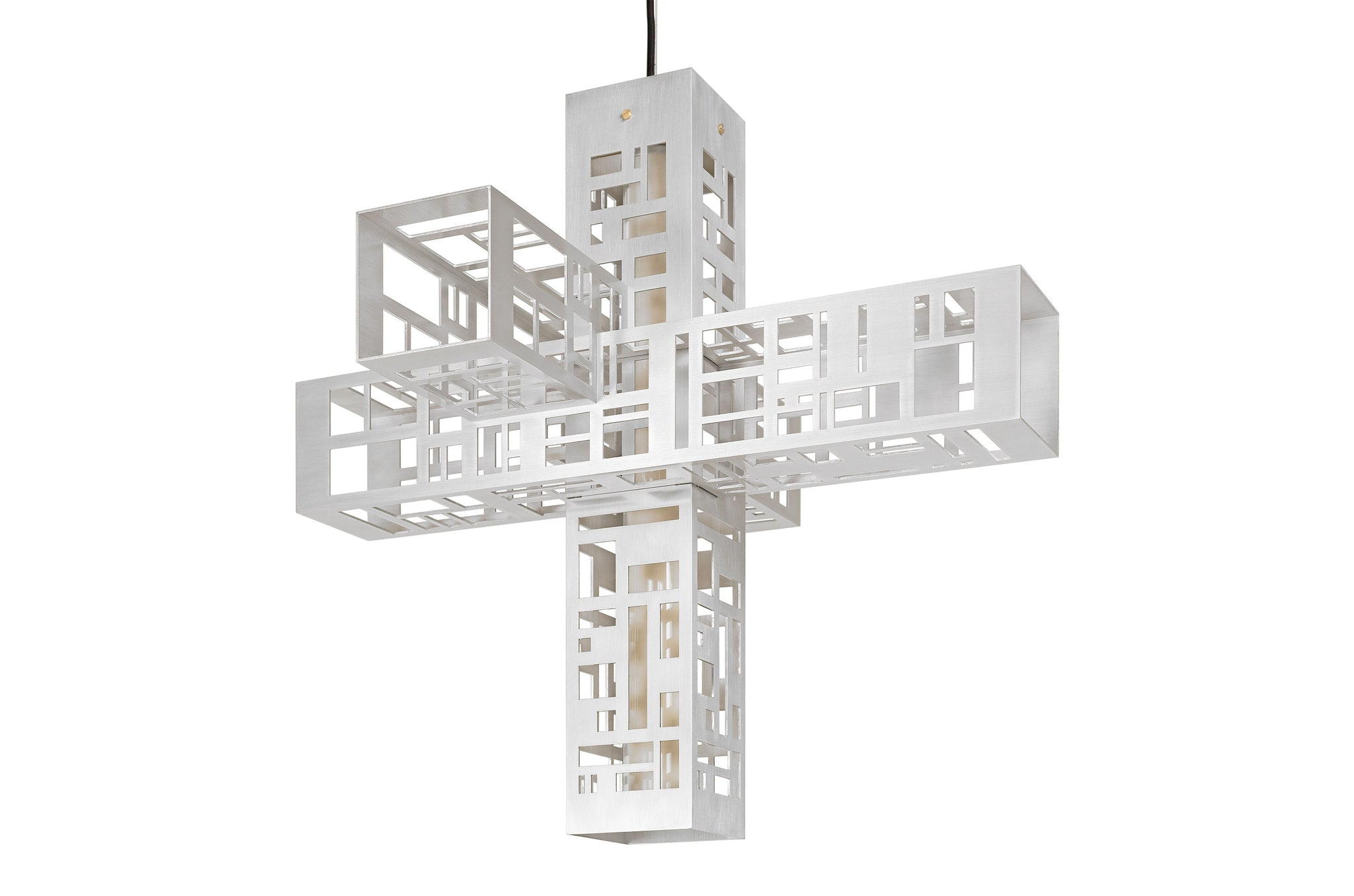 Moderne aluminium hanglamp met open structuur en geïntegreerde verlichting