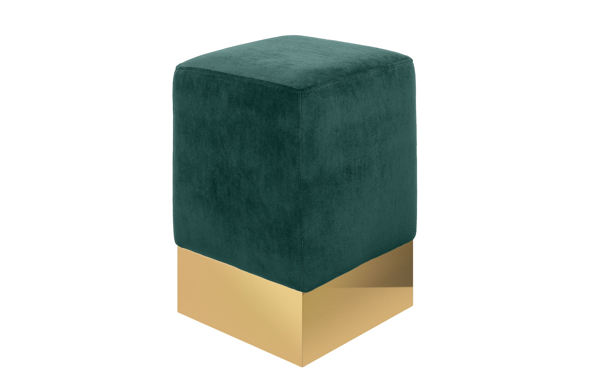 Detail van poef Stella in groen fluweel met metalen basis
