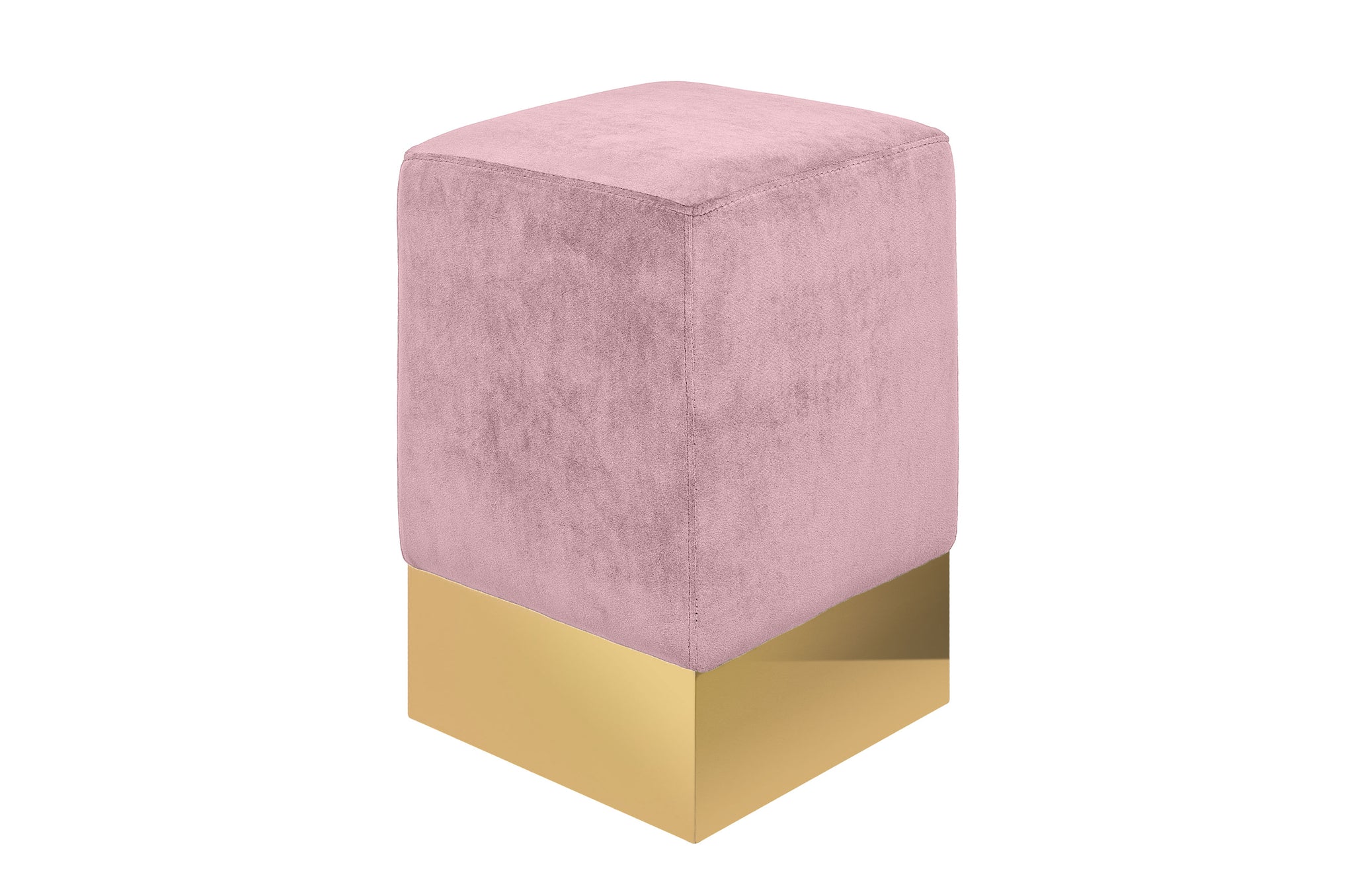 Detail van poef Stella in roze fluweel met goudkleurige basis