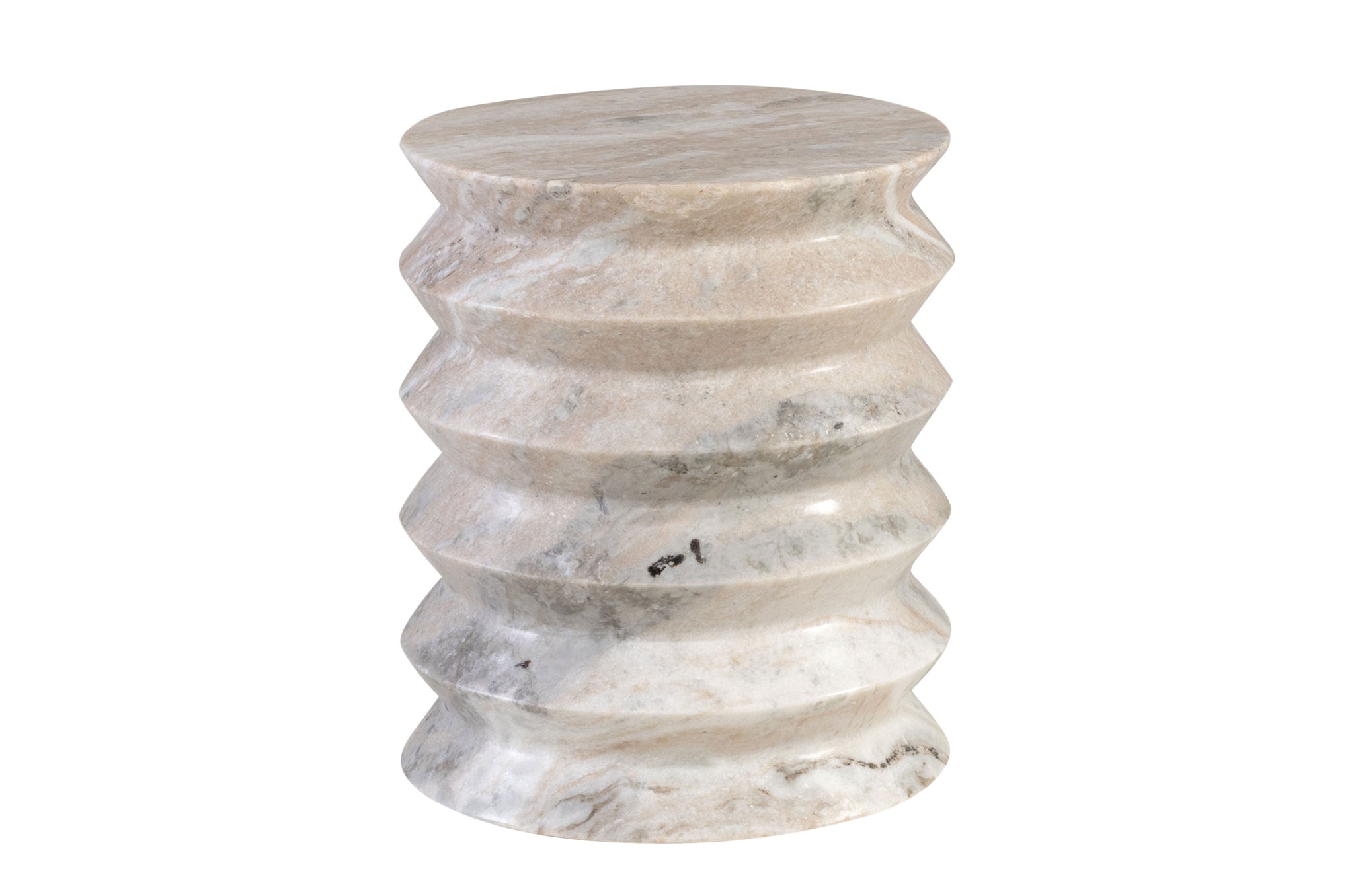Ronde gelaagde bijzettafel van Toronto-marmer in zachte beige-grijze tinten