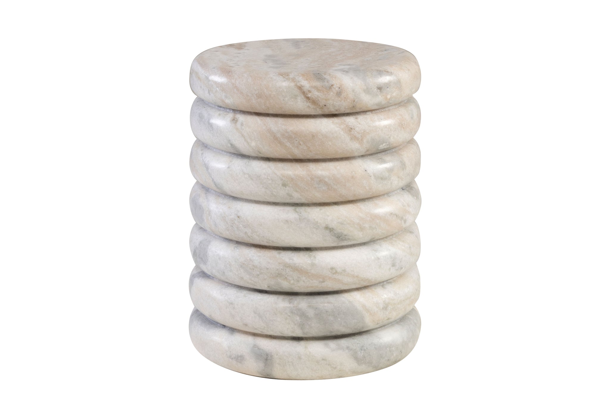 Detail van de marmeren Bibendum bijzettafel in zachte crème- en grijstonen