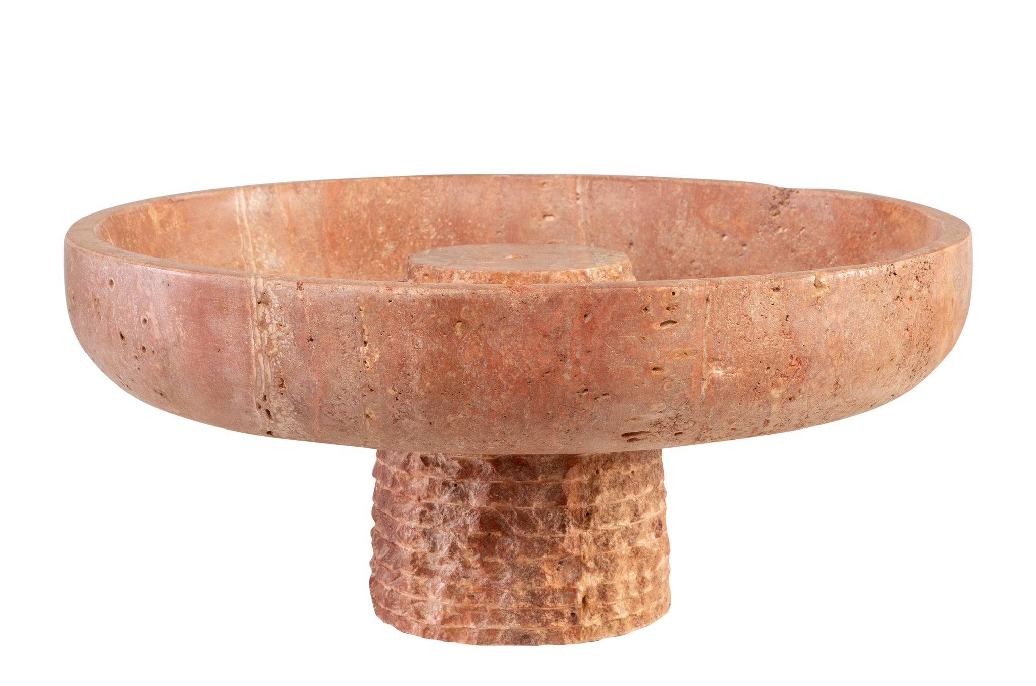 Rood travertijn schaal Chisel met gladde bovenkant en bewerkte voet.