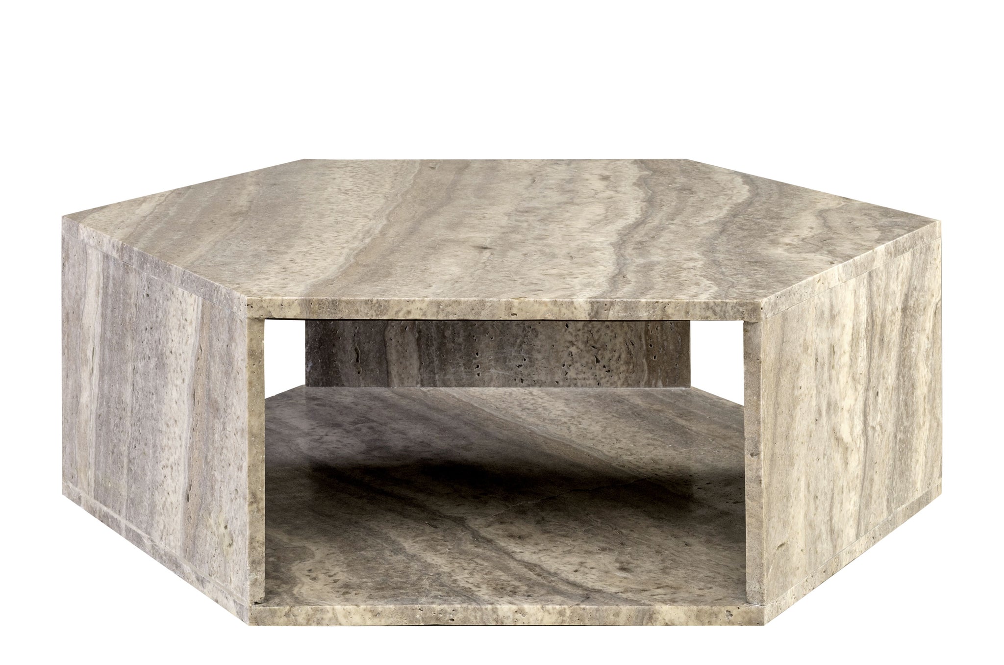 Hexagonale salontafel van grijs travertijn met satin polish-afwerking.