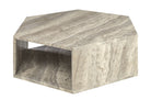 Travertijn salontafel Hexx in grijs natuursteen met open onderruimte.