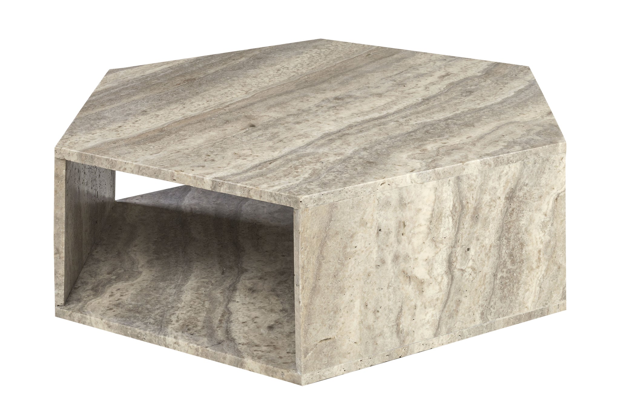 Travertijn salontafel Hexx in grijs natuursteen met open onderruimte.