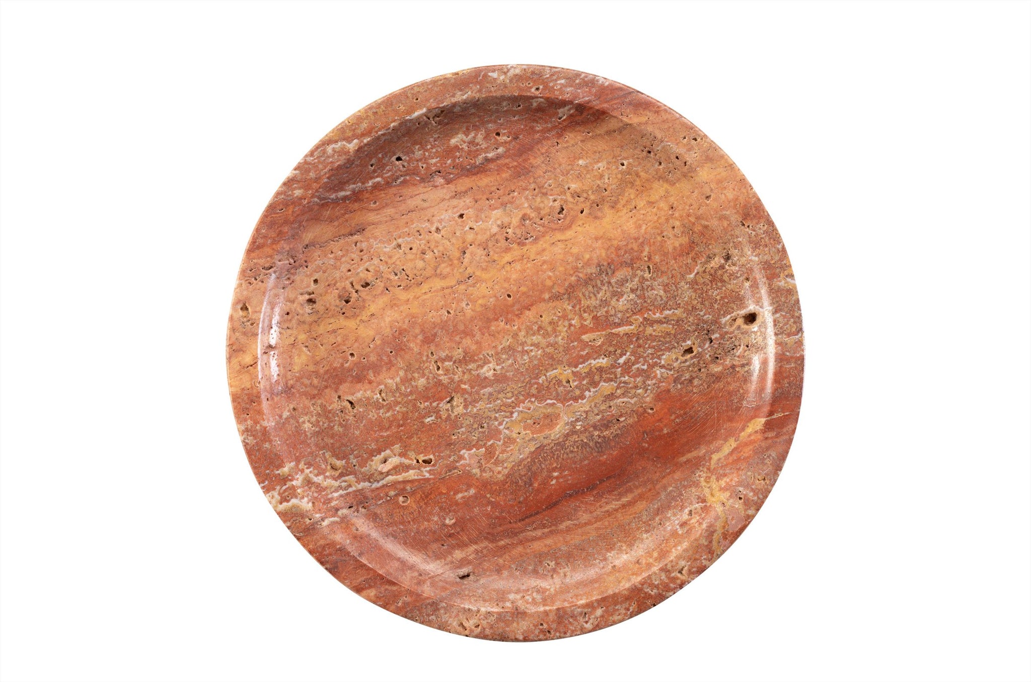 Kleine ronde schaal van rood travertijn met natuurlijke aders en poriën.