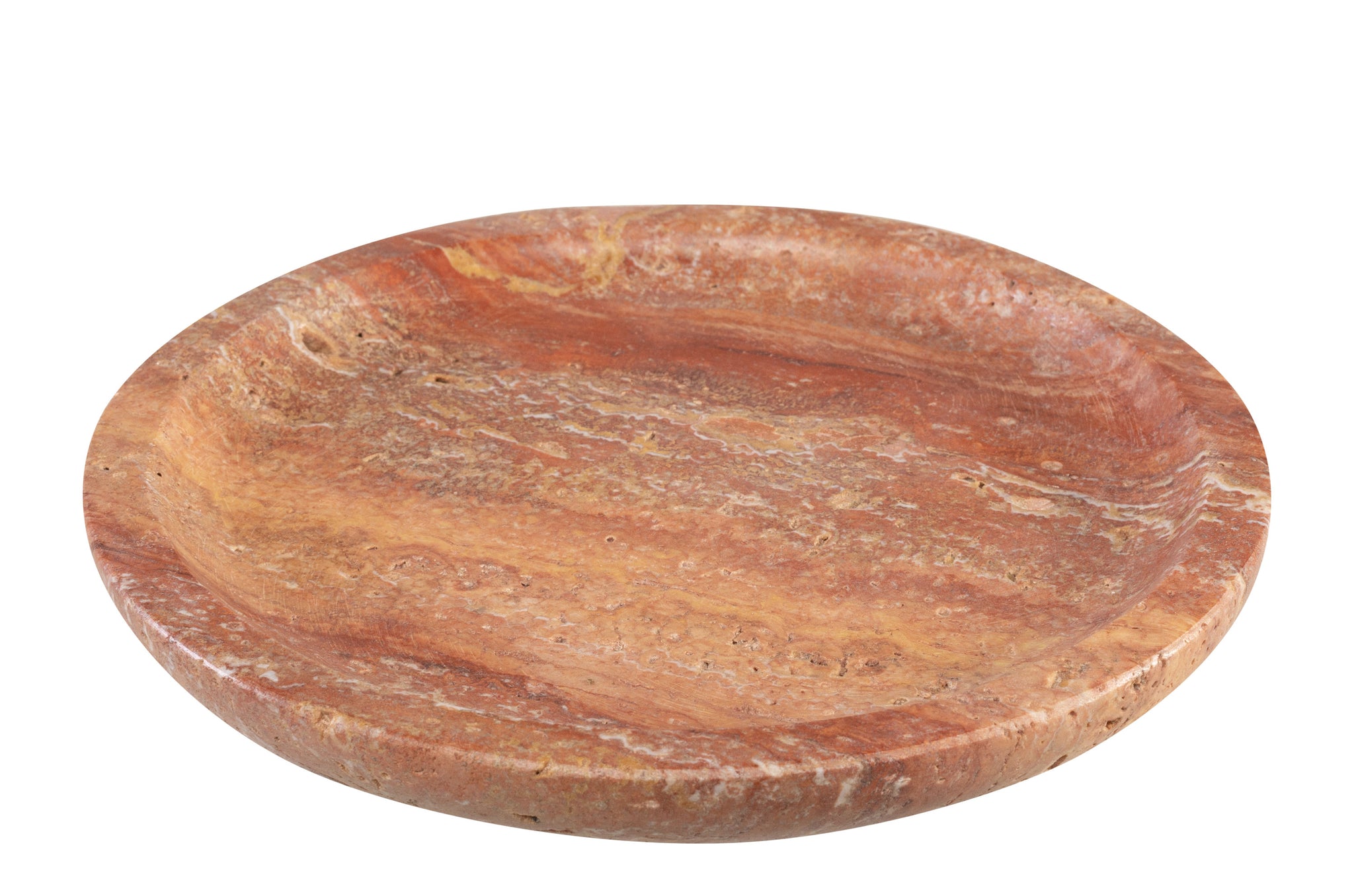 Decoratieve schaal in warm rood travertijn natuursteen.