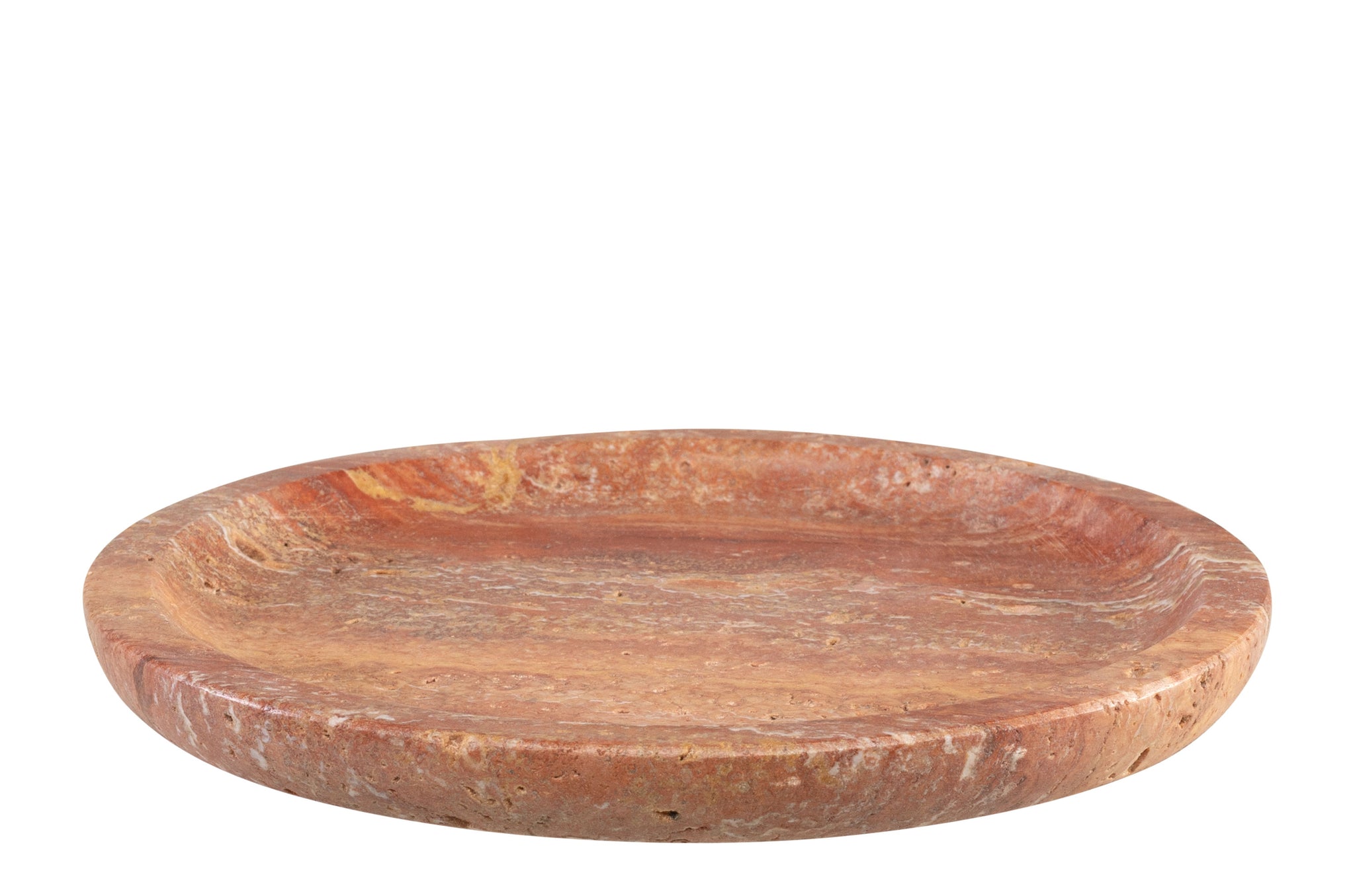 Rood travertijnen schaal in klein formaat met unieke kleurpatronen.