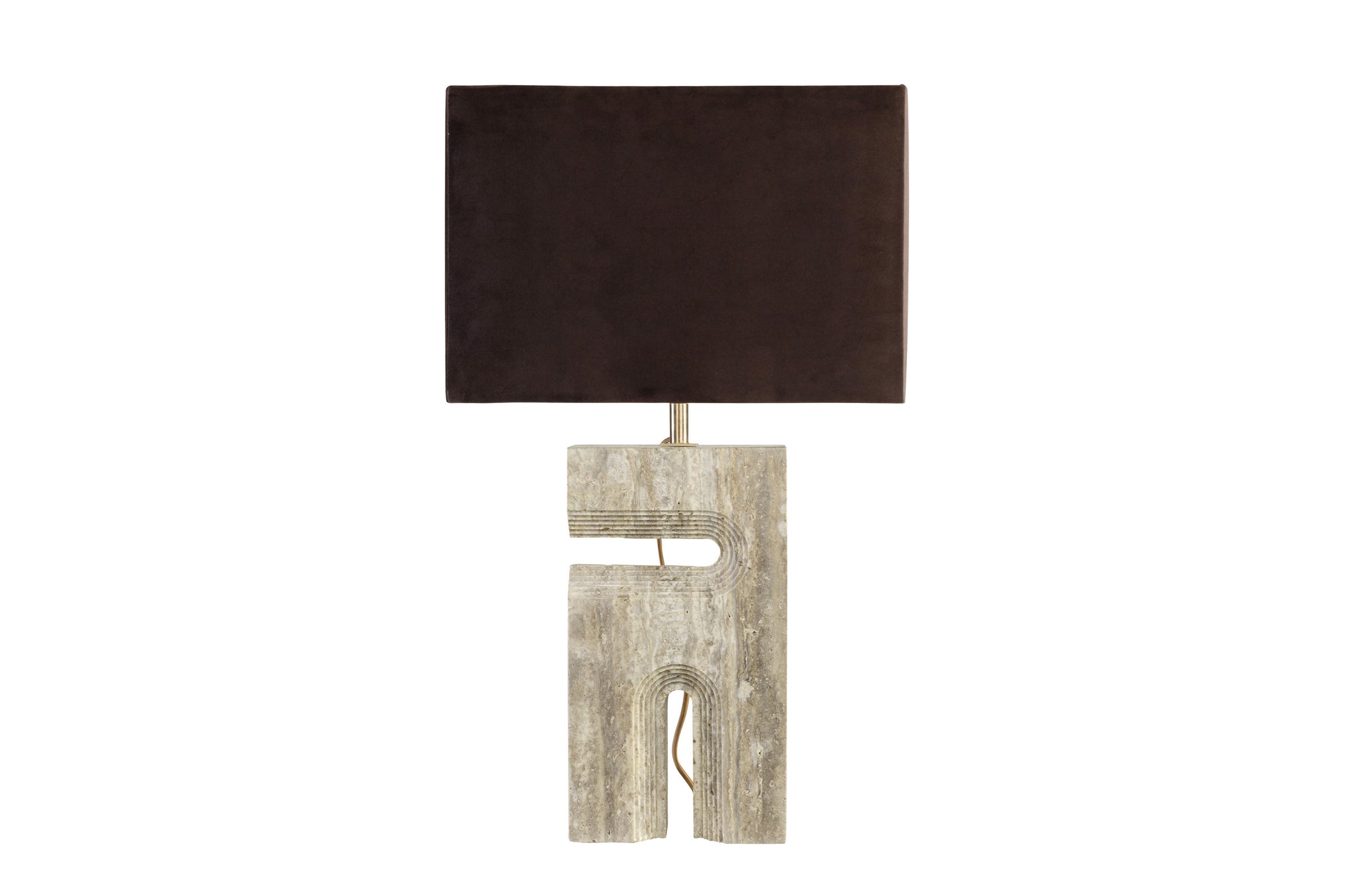 Tafellamp met voet van grijs travertin en bruine rechthoekige kap – Versmissen Reso Two.