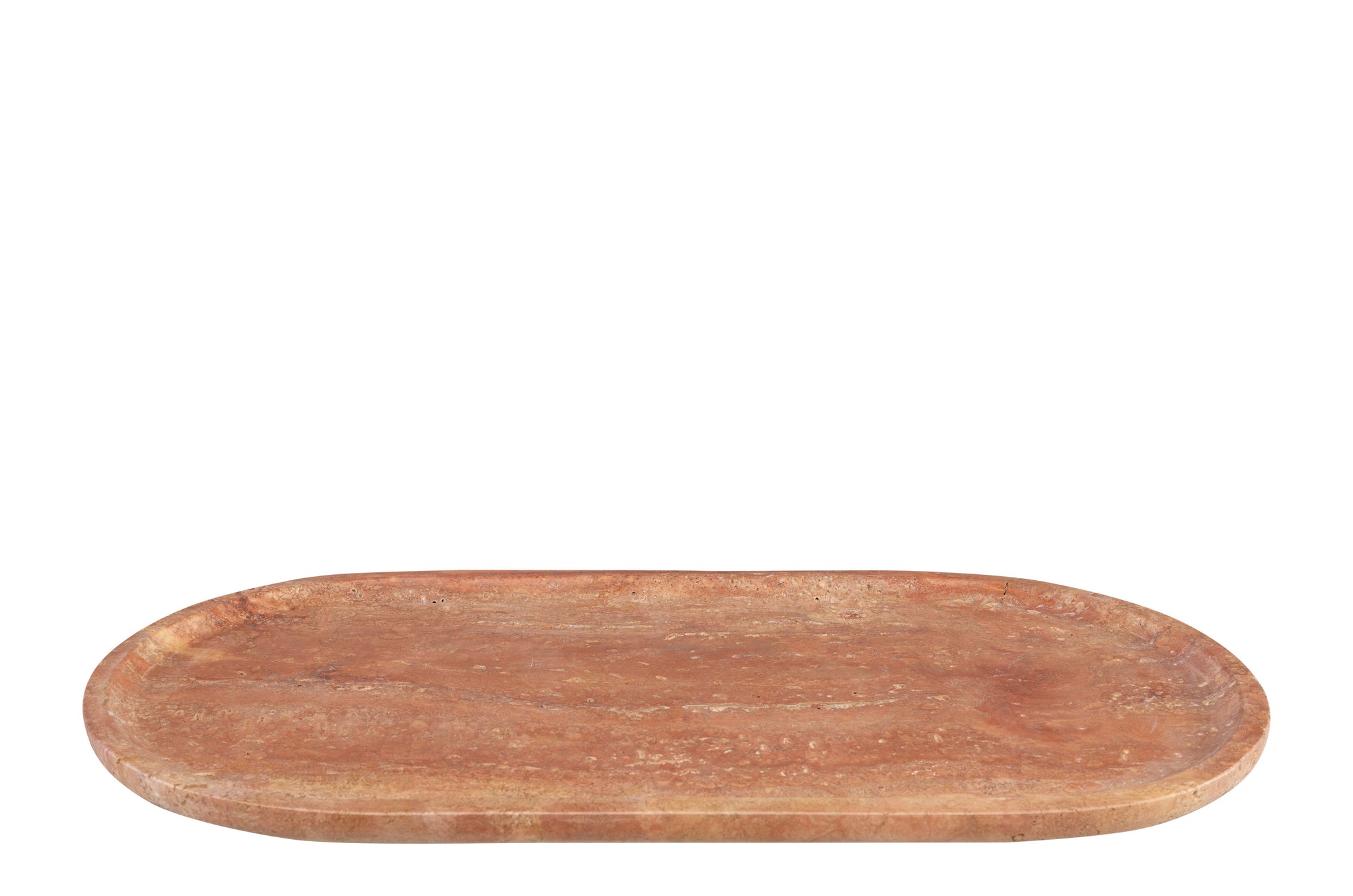 Decoratief plateau van rood travertijn met unieke steenstructuur.