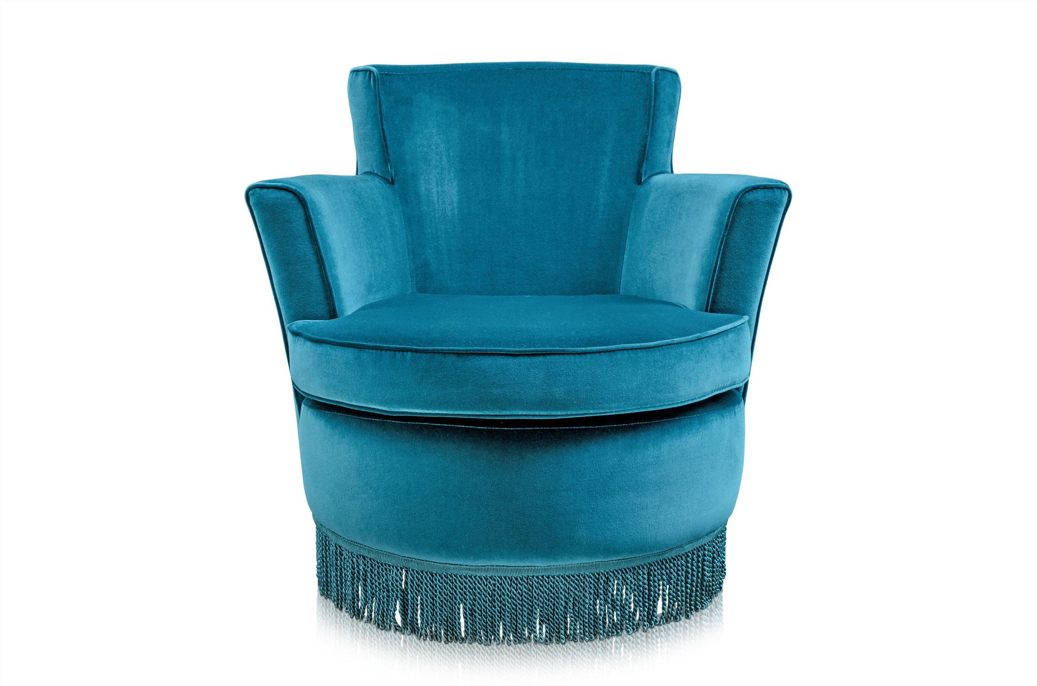 Fauteuil Studio P in petrol velvet met franjes en draaifunctie