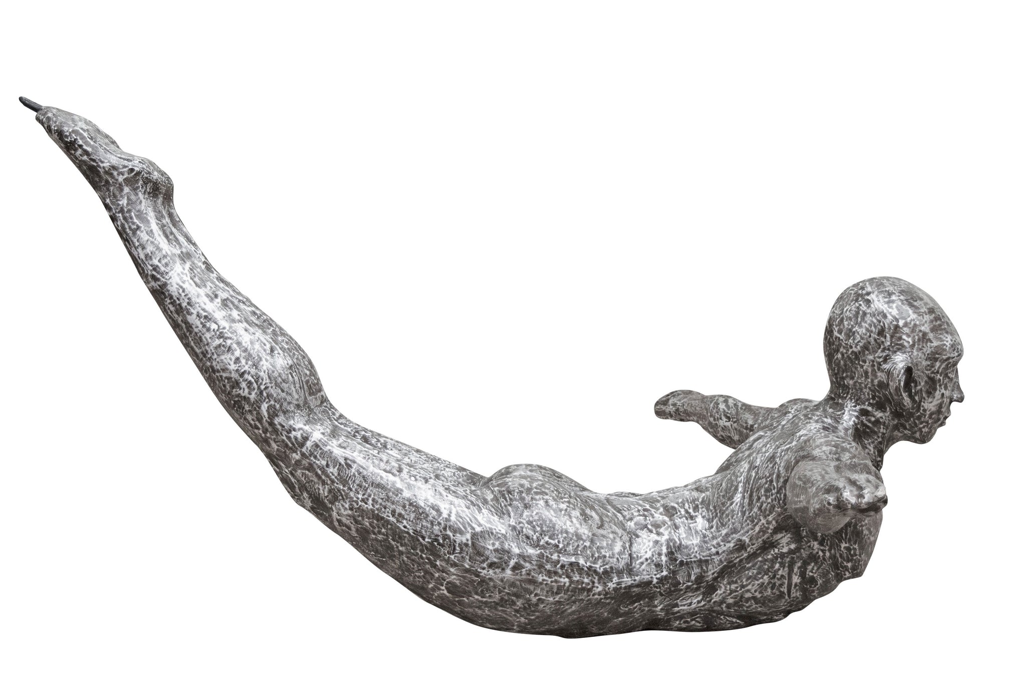 Aluminium sculptuur van een gestileerde duiker in uitgestrekte houding.