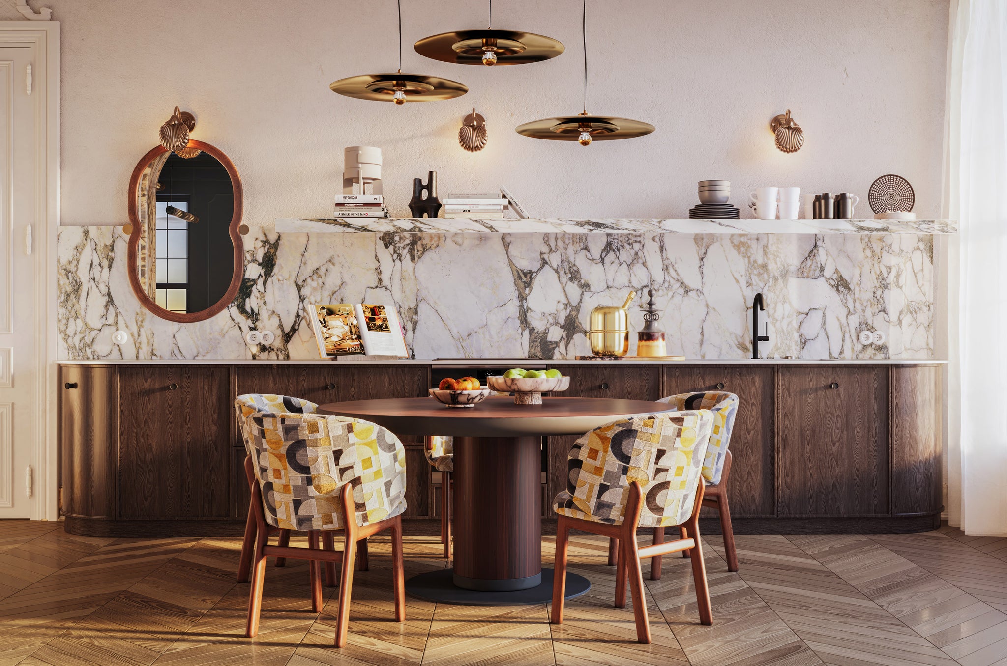 Een royale designspiegel van mindihout in Roasted Coffee met messing details. Warm, sculpturaal en stijlvol — een opvallend statement aan de muur.