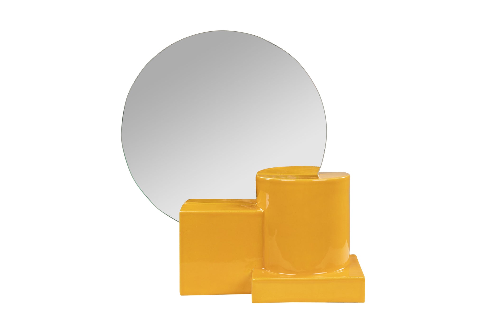 Spiegel Vector in poppy yellow met handgemaakte keramische voet.