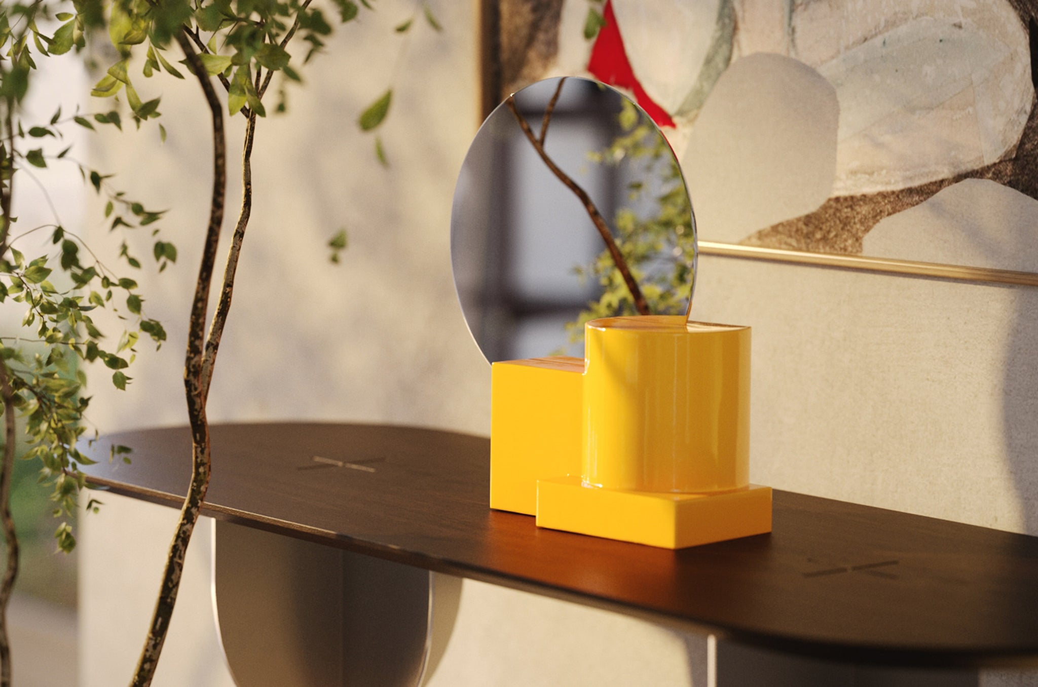 Designspiegel Vector Poppy Yellow op houten console, handgemaakt keramiek.