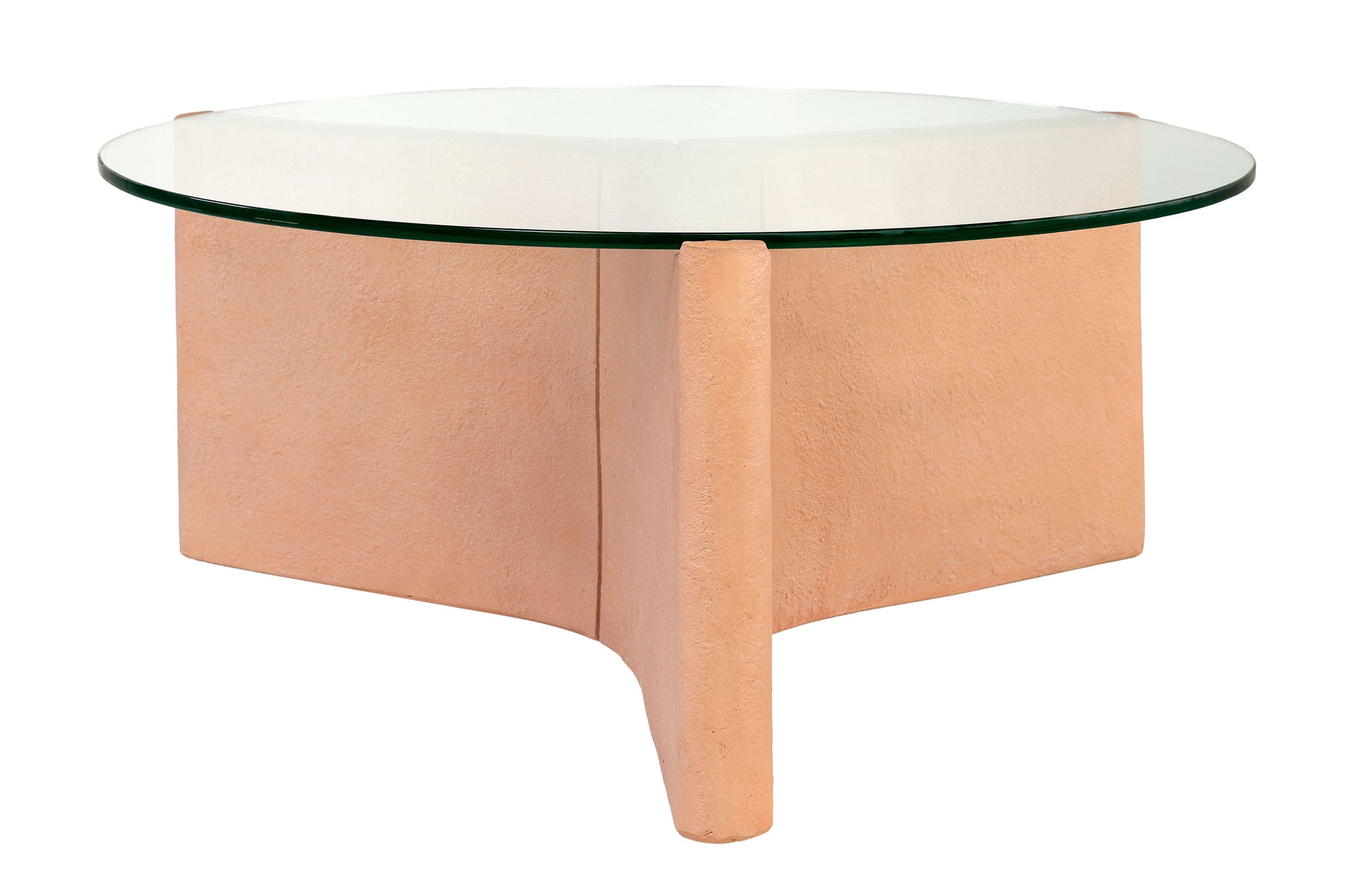 Design salontafel in Terracotta met sculpturaal onderstel en glasblad