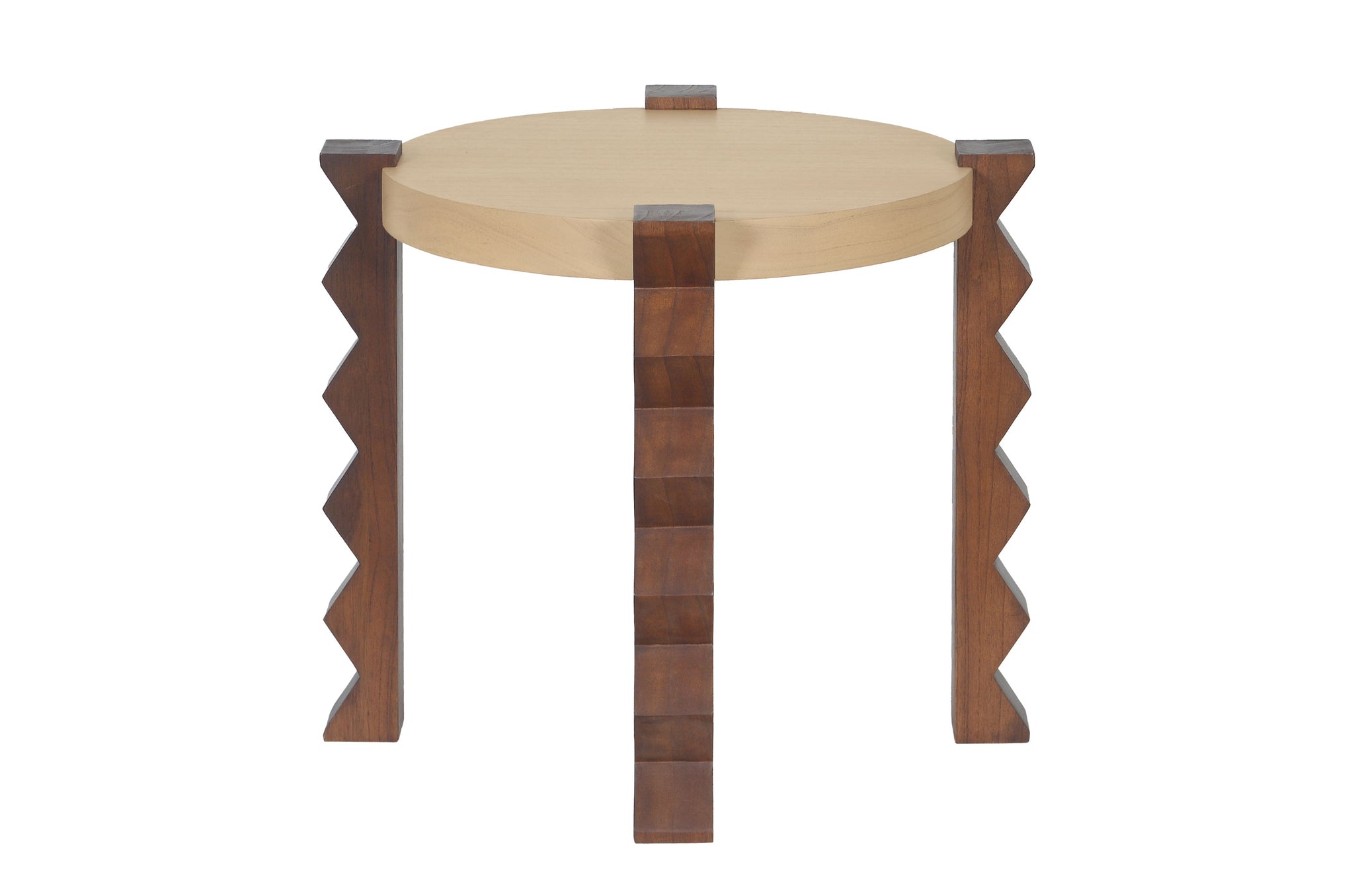 Bijzettafel Zaka van mindi-hout met natuurlijke en geroosterde afwerking.