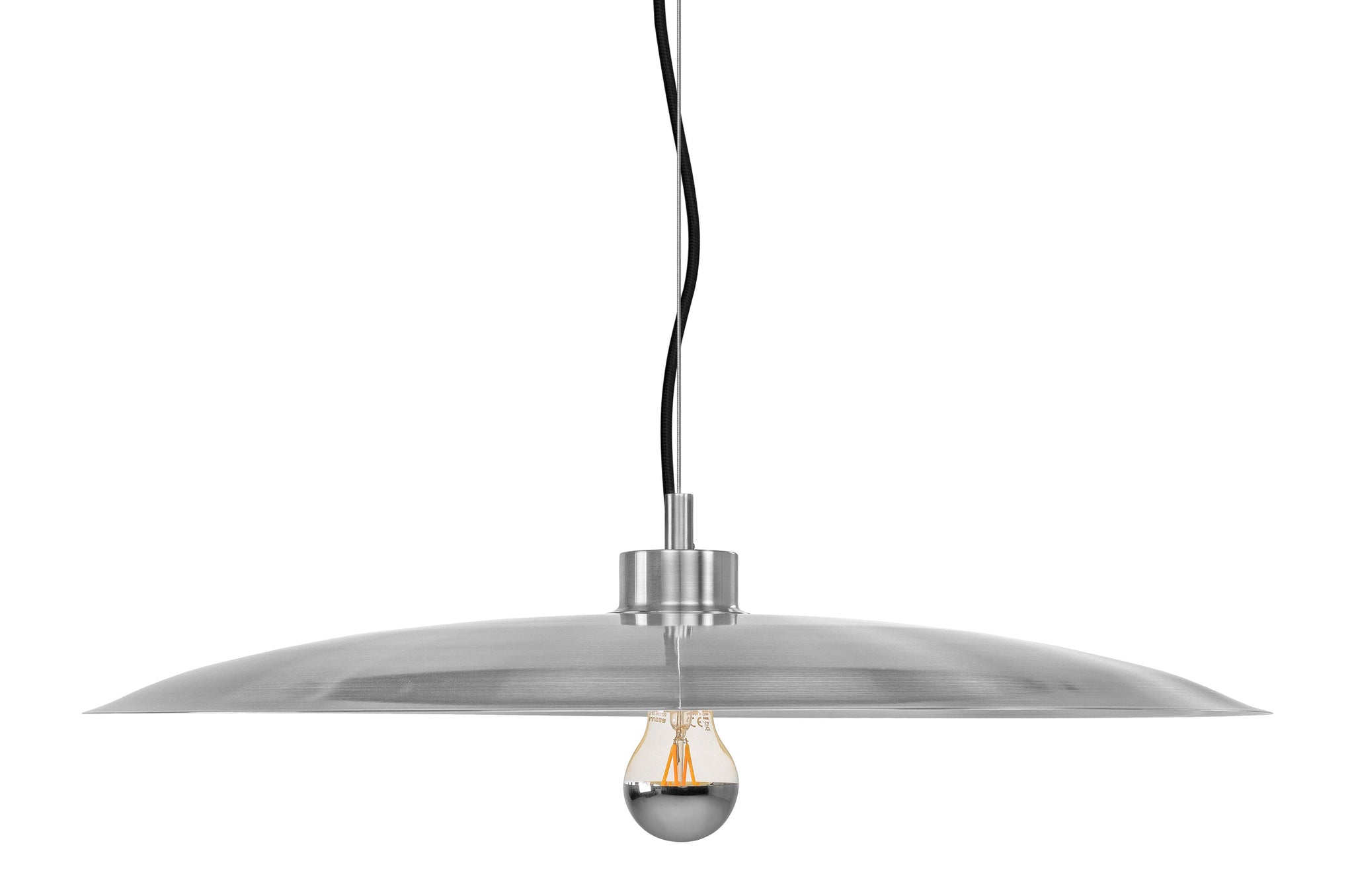 Grote aluminium hanglamp van Versmissen met platte kap en E27 fitting
