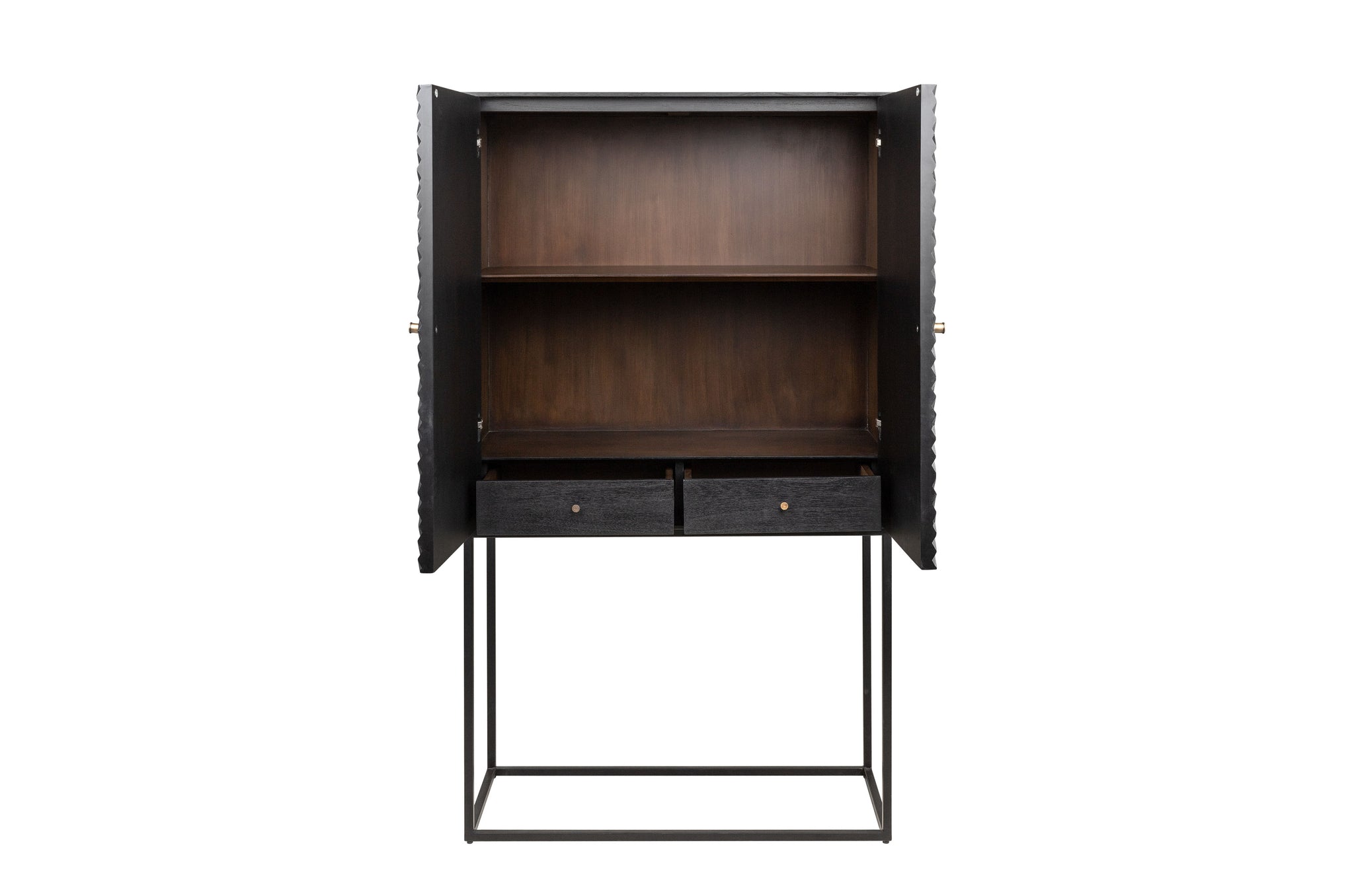 Zwarte houten barkast met grafisch patroon en metalen onderstel