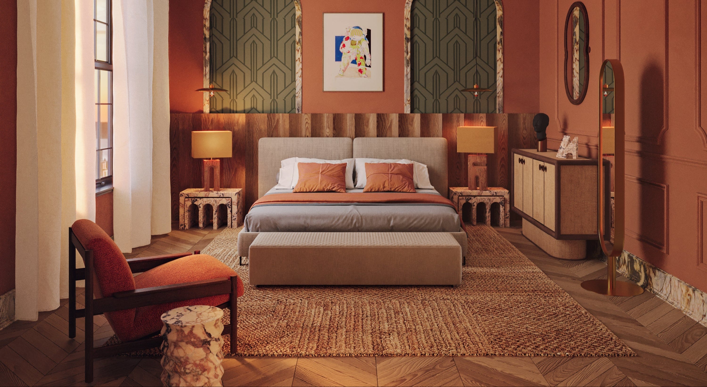 Luxe slaapkamerontwerp van Van Leersum Interiors met een mix van warme aardetinten, vintage details en modern designmeubilair.